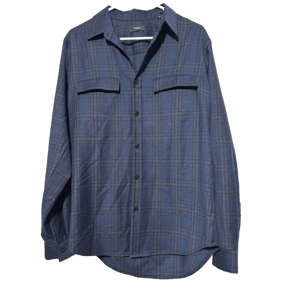 Theory Men Size M Blue Clean Placket 2 Pocket Shirt Liberty Wool Shadow Plaid